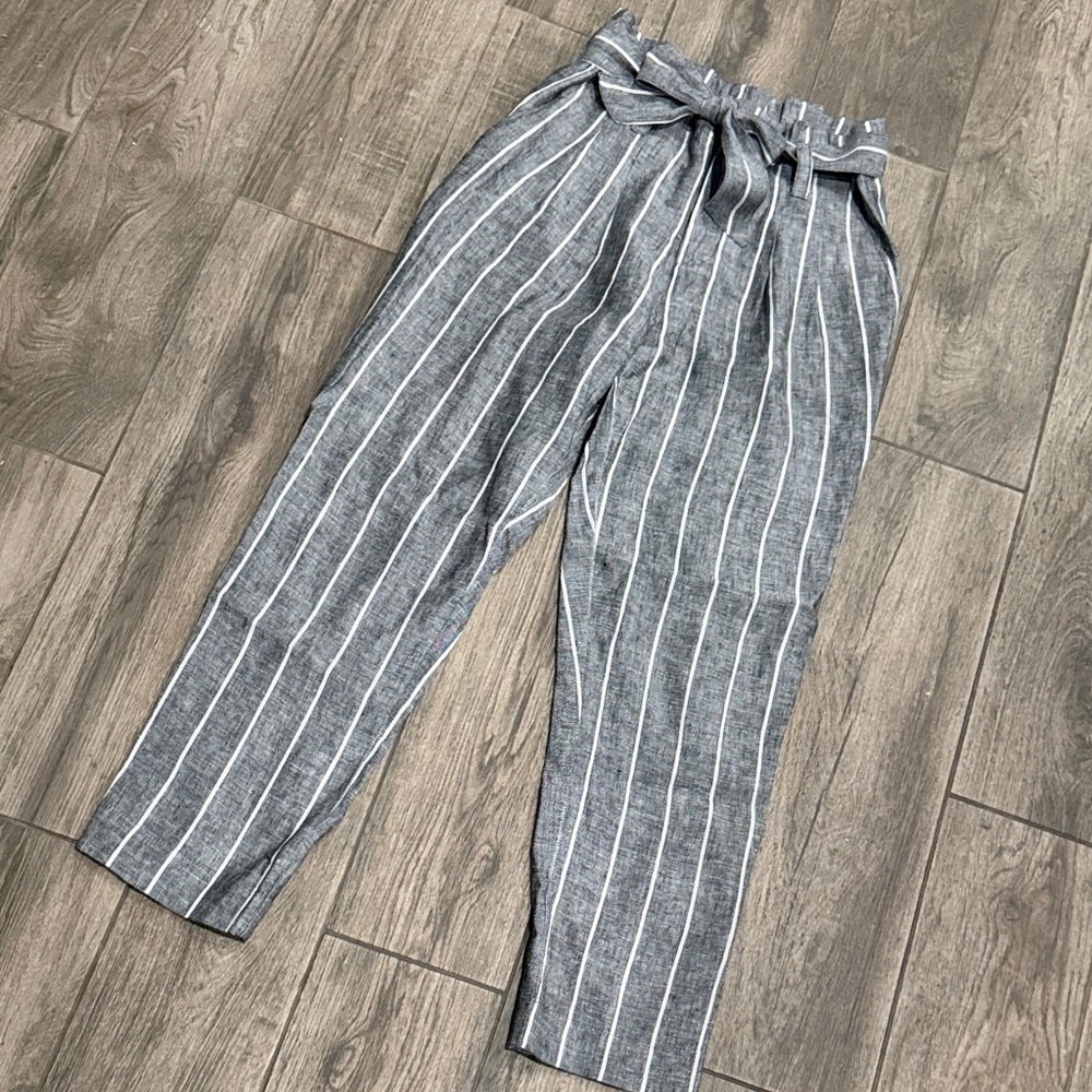 Olivaceous Charcoal and White Striped Linen Crop Pants